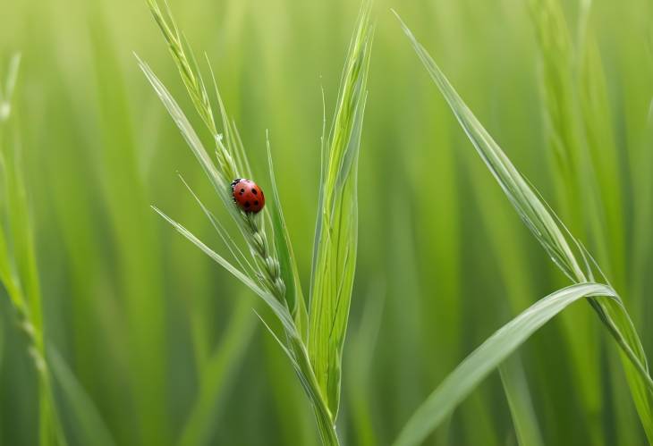 Macro of Fresh Green Wheat Ears and Ladybug in Summer