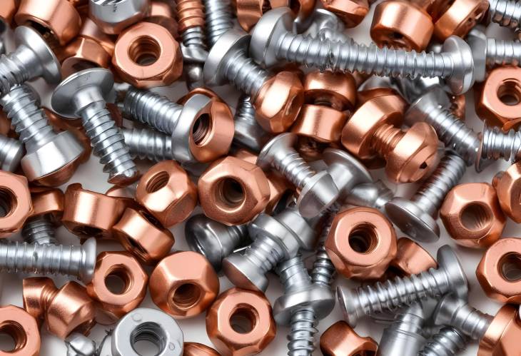 Macro of Metallic Screws, Nuts, Rivets in Copper  Silver