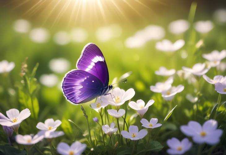 Macro of Purple Butterfly on White Violets in Sunlight