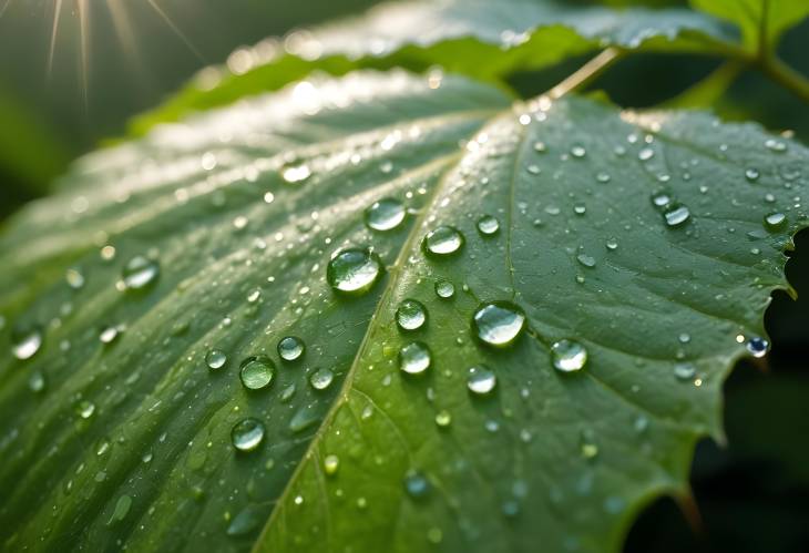 Macro of Water Droplets on Textured Green Leaf