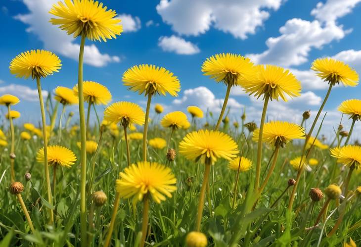 Macro of Yellow Dandelions in Summer Meadow with Blue Sky