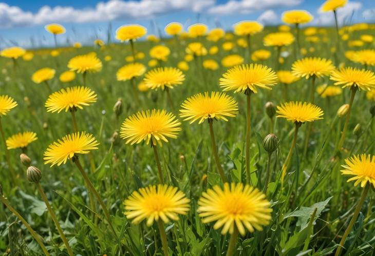 Macro of Yellow Dandelions in Summer Meadow with Blue Sky