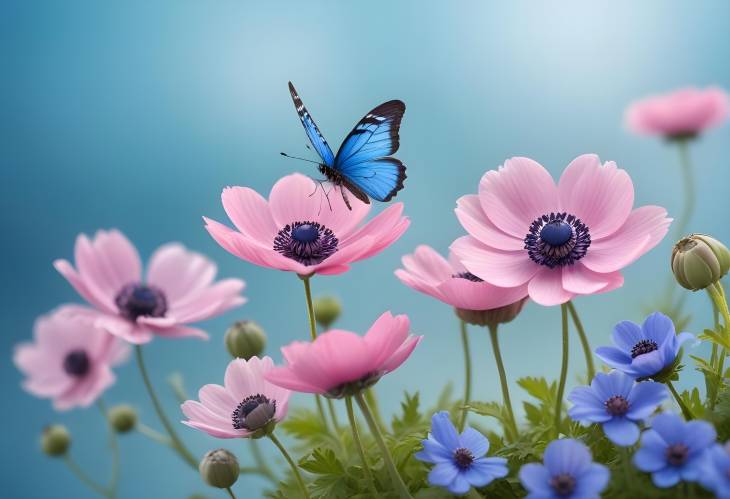 Macro Photography of Pink Anemones with Blue Butterfly in Spring