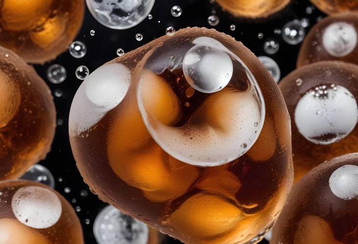 Macro Shot of Cola with Ice Bubbles and Ice Cubes Highlighted in Beverage Background