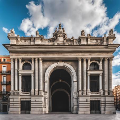 Madrid Historical Building with Columns and Arched Passageway