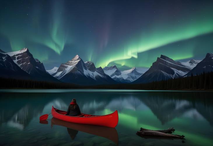 Magical Aurora Borealis Above Spirit Island with Traveler in Red Canoe on Maligne Lake  Jasper Park