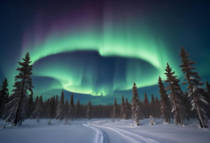 Magical Aurora Borealis Over Snowy Lapland, Arctic Circle Winter Night Sky