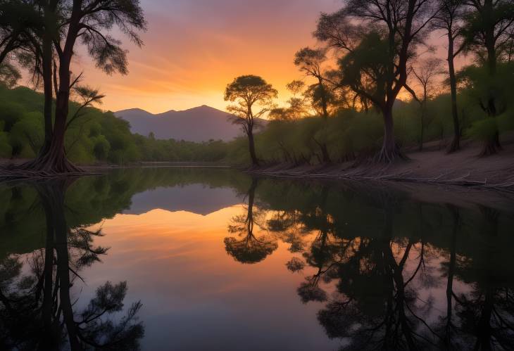 Magical Camecuaro Lake Sunset Reflections, Water Mirror, Lush Trees, and Natural Spring in Michoac