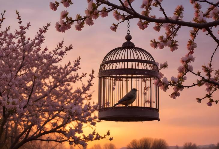 Magical Evening Bird Cage Nestled in Apple Blossoms