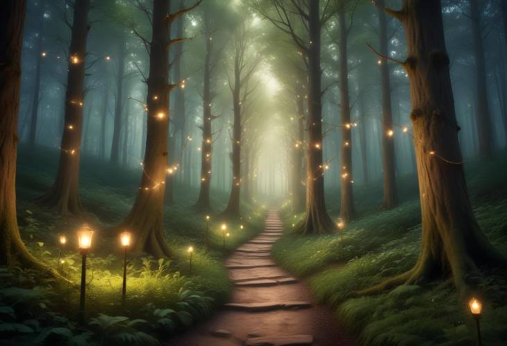 Magical Fairy Tale Forest with Twinkling Lights, Majestic Trees, and a Mystical Pathway