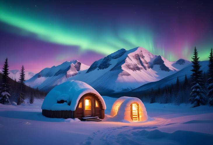 Magical Northern Lights Over Winter Mountains with Snowy Igloo and Glowing Aurora Borealis