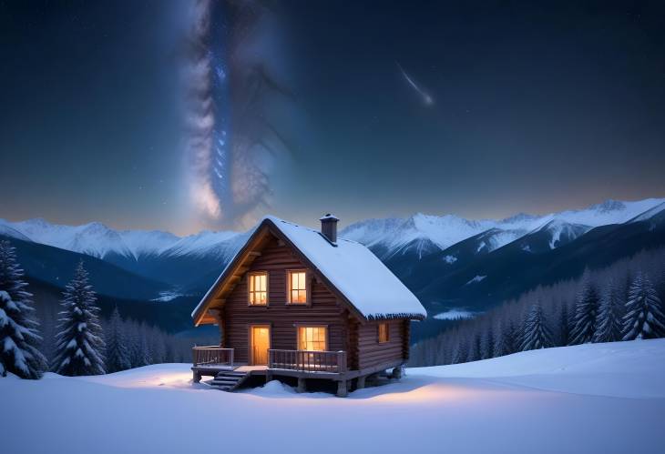 Magical Winter Scene Snowy Hut and Wooden House with Milky Way Above  Perfect Christmas Holiday