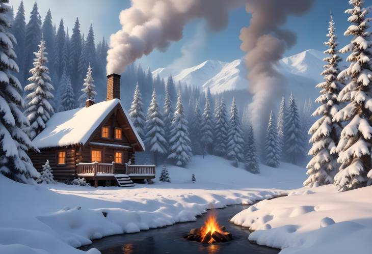 Magical Winter Scene with Snow Draped Trees, a Charming Cabin, and Warm Smoke Rising from the Chimni