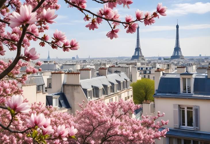 Magnolia Spring Paris Rooftops and Eiffel Tower in Full Bloom