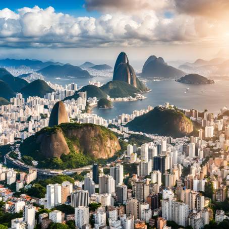 Majestic Aerial View of Rio de Janeiro Skyline with Coastal Horizons and Urban Landmarks