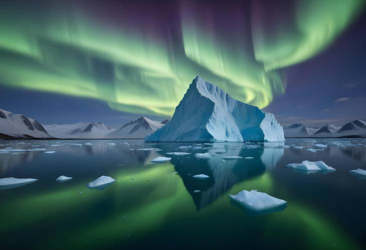 Majestic Aurora Borealis Over Iceberg in Greenland Fjord A Captivating Arctic Night Scene