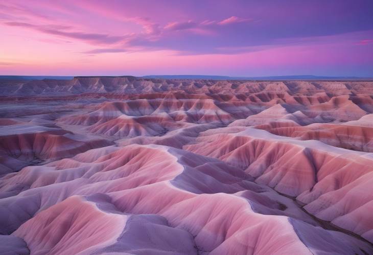 Majestic Badlands Dawn Vibrant Pink and Purple Skies with Rugged Terrain