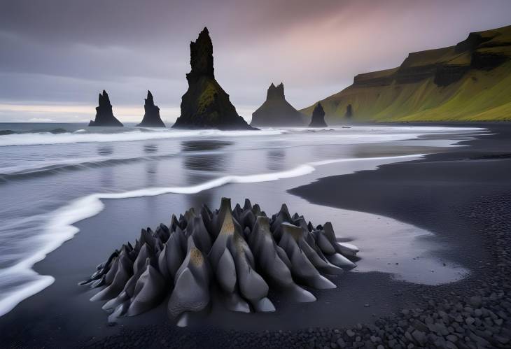 Majestic Basalt Rock Formations Troll Toes on Black Sand Beach at Reynisdrangar, Vik, Iceland