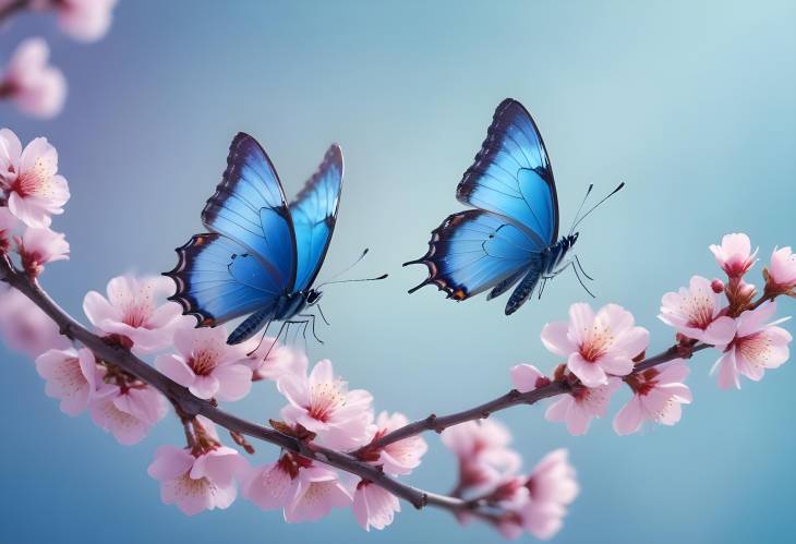 Majestic Blue Butterfly Above Apricot Blossoms at Sunrise with a Light Blue and Violet Background