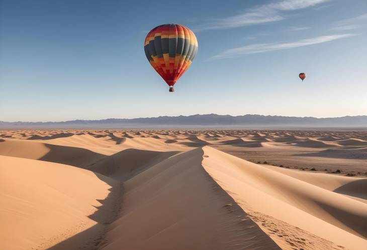 Majestic Desert View with Expansive Sand Dunes, Clear Blue Sky, and a Hot Air Balloon in the Distan