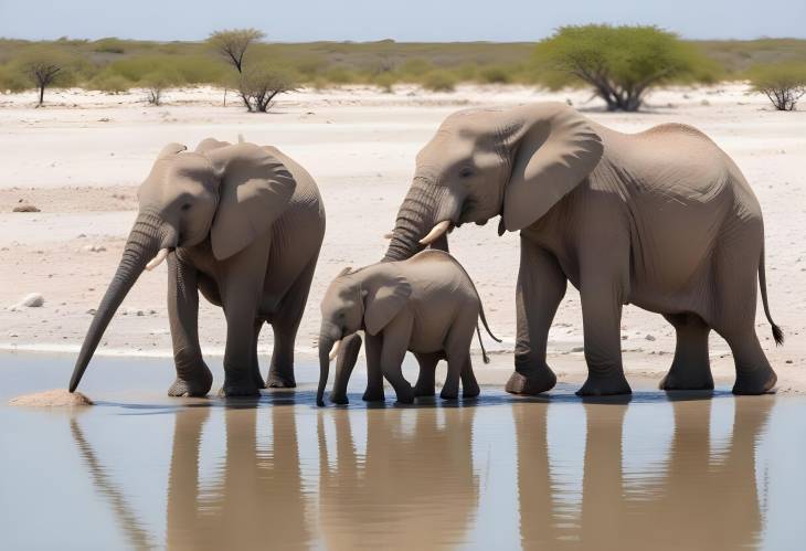 Majestic Elephant Families at Lake Etosha Drinking and Socializing in Namibia