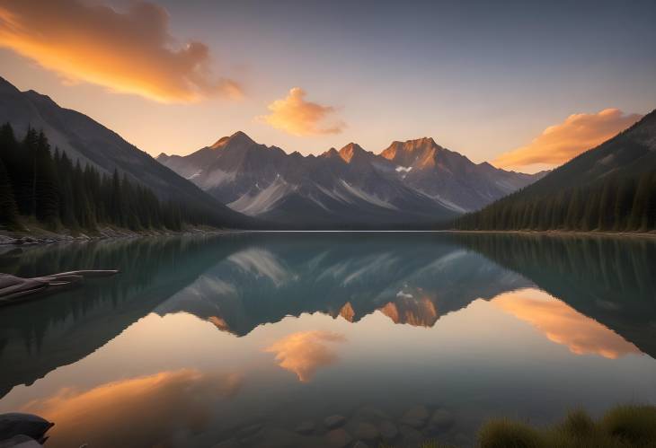 Majestic Golden Hour Glow Over a Serene Mountain Lake with Calm Reflections and Tranquil Beauty