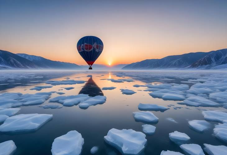 Majestic Hot Air Balloon Above Baikal Lake Winter Sunrise and Icy Blue Hummocks