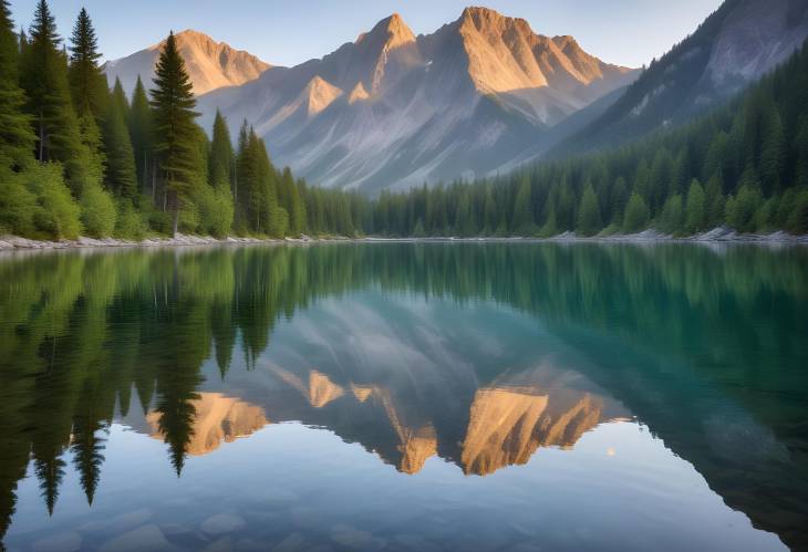 Majestic Mountain Lake with Crystal Clear Reflective Waters and Surrounding Peaks Offering