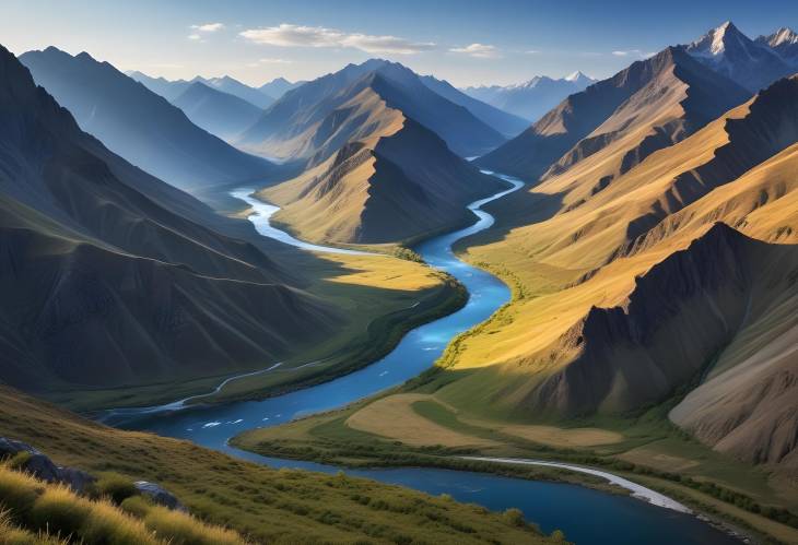 Majestic Peaks and a Winding River Under a Clear Blue Sky A Stunning Landscape View