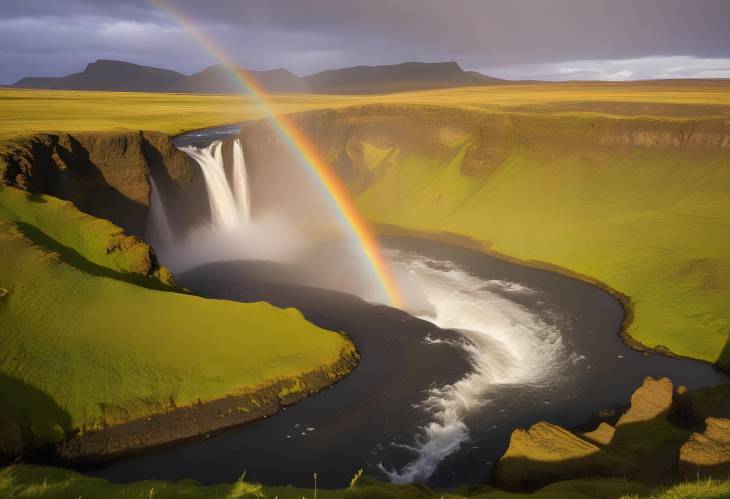 Majestic Rainbow Spanning Krossa River, Porsmoerk, Iceland European Natural Wonder