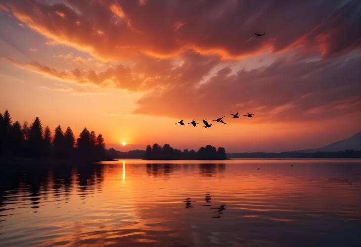 Majestic Silhouettes Birds Soaring Over a Lake at Sunset