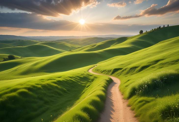 Majestic Summer Landscape with Rolling Hills and Sunlit Trail