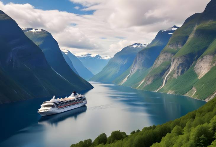 Majestic Sunnylvsfjorden Fjord and Cruise Ship Near Geiranger Village, Western Norway