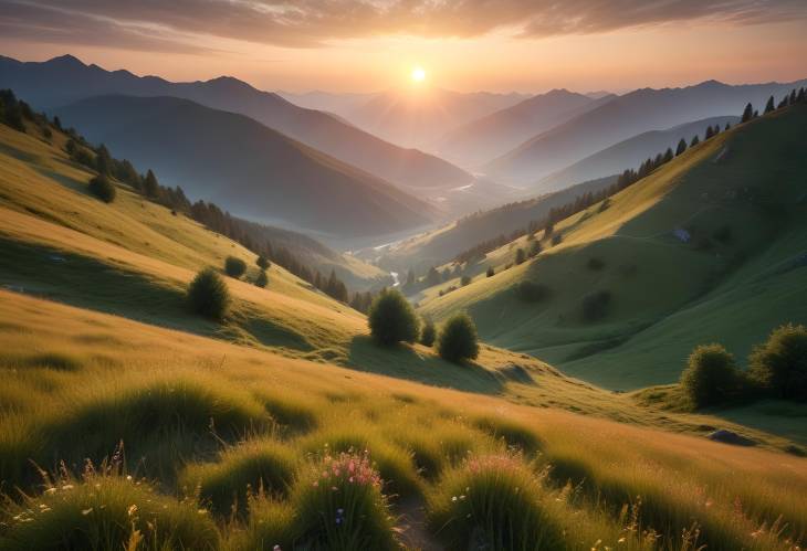 Majestic Sunrise Over Mountain Valley, Natural Summer Landscape with Golden Glow