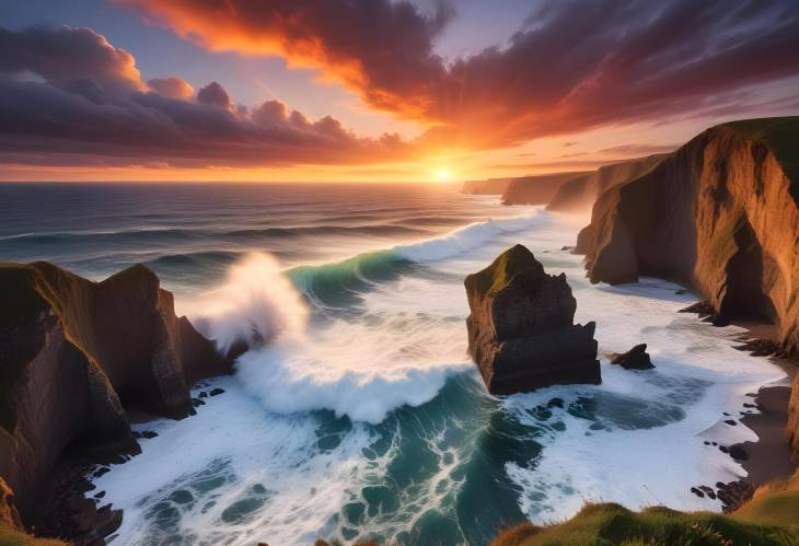 Majestic Sunset Over Cliffs and Tumbling Coastal Waves