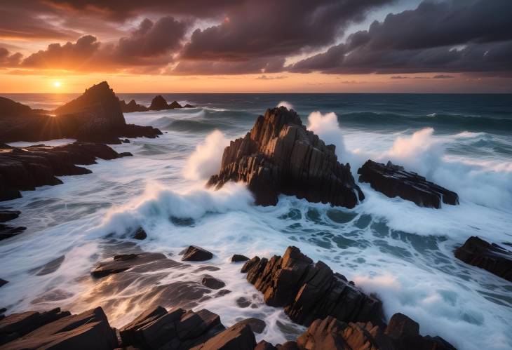 Majestic Sunset Over Ocean with Crashing Waves and Jagged Rocks