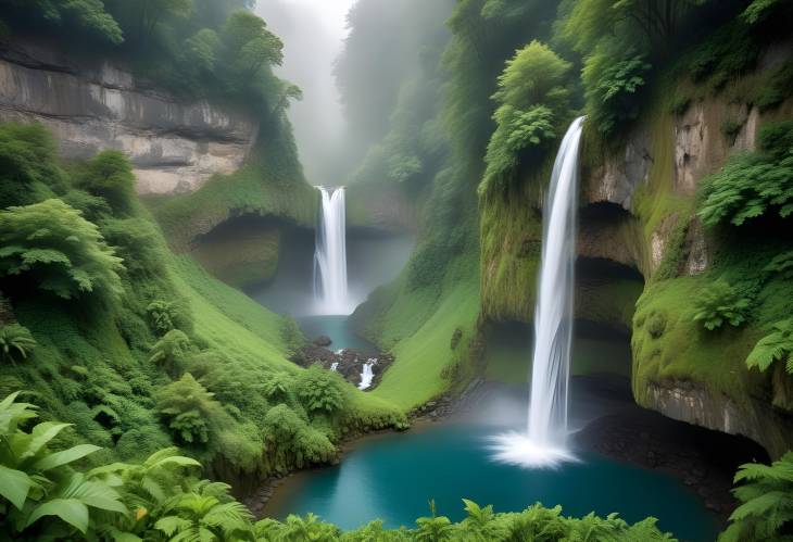 Majestic Waterfall Flowing Over Verdant Cliffs into a Calm Pool Surrounded by Misty Forest