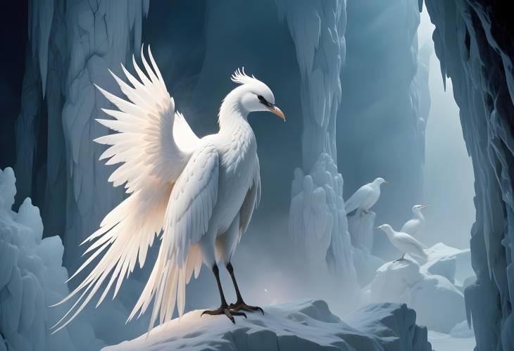 Majestic White Chinese Loong Bird with Glowing Wings on White Marble Mountain