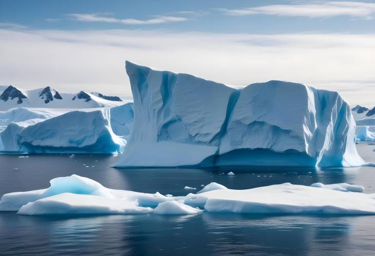 Majestic Winter Antarctica Iceberg Drifting Ocean in Sunny Day. Blue Sky, Turquoise Water. CloseUp