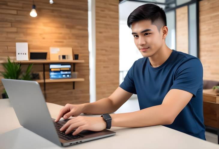 Making Online Purchases Young Man Using Credit Card for Secure Payment on Laptop