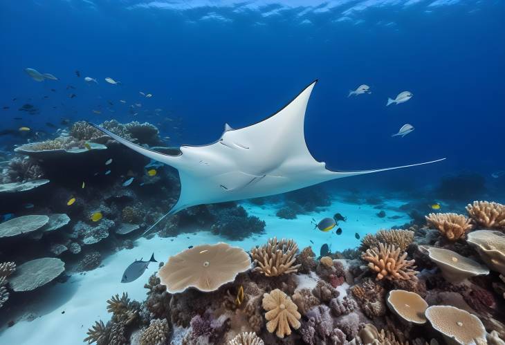 Maldives Coral Reef with Pelagic Manta Ray and Reef Fish, Indian Ocean