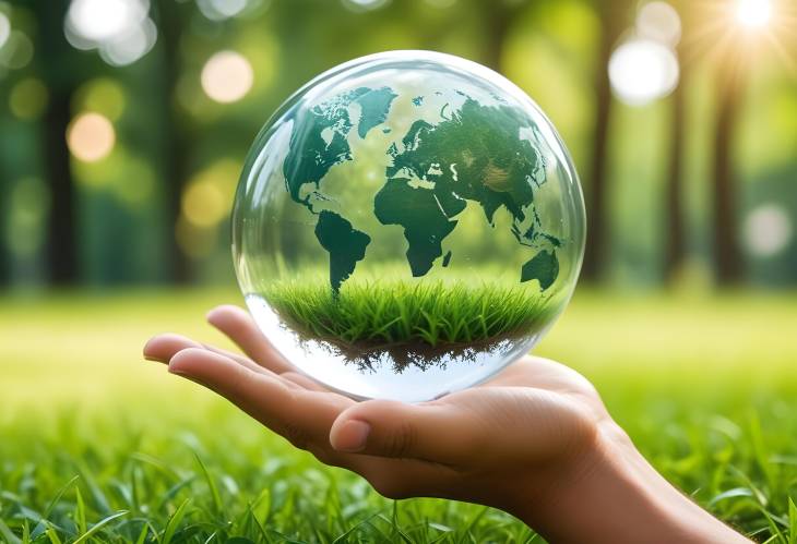 Man Holding Glass Globe Concept of Saving Earth and Environment with Green Bokeh Background