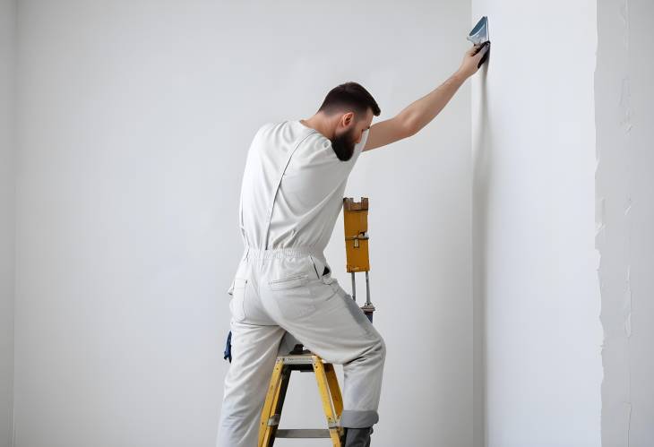 Man in Overalls Painting Wall White, Preparing for Home Decoration