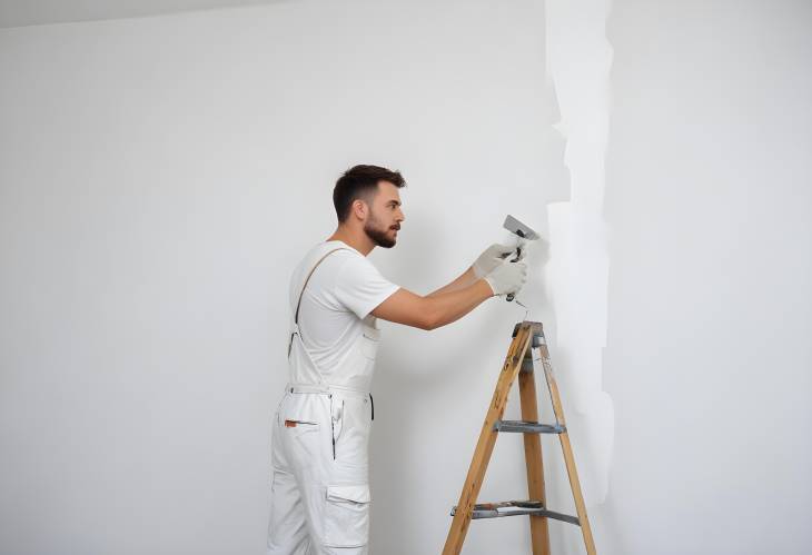 Man in Overalls Painting White Wall, DIY Home Renovation Task