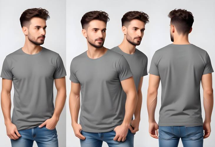 Man in Stylish T Shirt Collage, Front and Back Views, White Background for Design Mockup