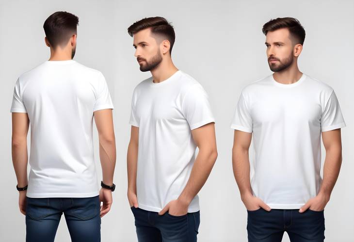 Man in Stylish T Shirt Mockup, Front and Back Views, White Background, Design Collage