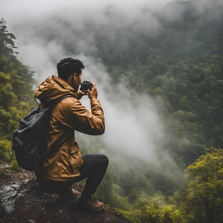 Man in the Mountains Capturing Foggy Beauty