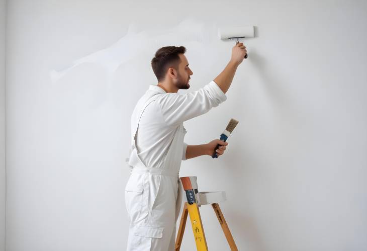 Man in Work Overalls Applying White Paint to Wall During Home Renovation