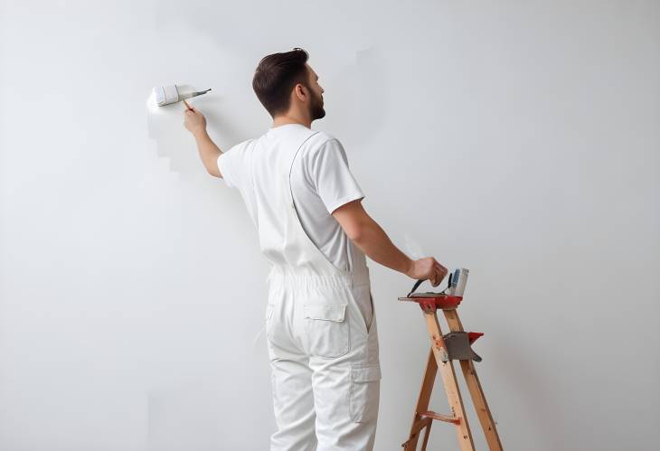 Man in Working Overalls Painting Wall White, Preparing for Home Makeover