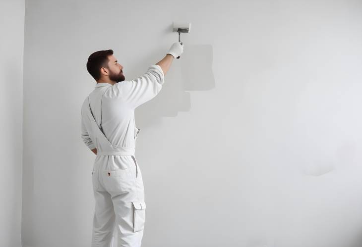 Man Painting White Wall in Overalls, DIY Home Improvement Project